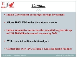 Contd...
MM Group 2 Automobile Industtry
4
 Indian Government encourages foreign investment
 Allows 100% FDI under the automatic route
 Indian automotive sector has the potential to generate up
to US$ 300 billion in annual revenue by 2026
 Will create 65 million additional jobs
 Contributes over 12% to India’s Gross Domestic Product
Saturday, 22 October 2016
 