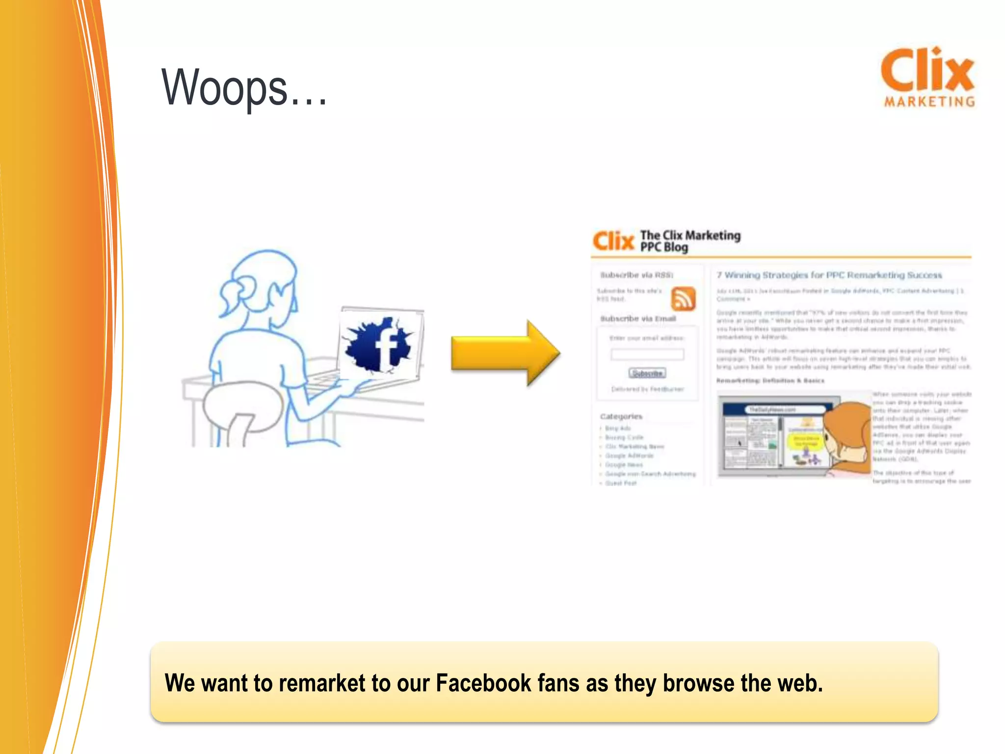 Woops…




We want to remarket to our Facebook fans as they browse the web.
 