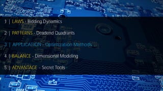 23
1 | LAWS - Bidding Dynamics
2 | PATTERNS - Deadend Quadrants
3 | APPLICATION - Optimization Methods
4 | BALANCE - Dimensional Modeling
5 | ADVANTAGE Secret Tools
 