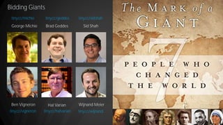 Bidding Giants
George Michie Brad Geddes Sid Shah
Wijnand MeierHal VarianBen Vigneron
tiny.cc/wijnandtiny.cc/halvariantiny.cc/vigneron
tiny.cc/michie tiny.cc/sidshahtiny.cc/geddes
 