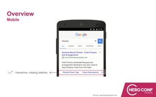 Overview
Mobile
Source: searchengineland.com
Interactive, rotating sitelinks
 