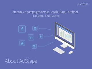 About AdStage
Manage ad campaigns across Google, Bing, Facebook,
LinkedIn, and Twitter
 