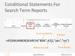 @hoffman8 #HeroConf
Conditional Statements For
Search Term Reports
=IF(ISNUMBER(SEARCH("BSN",A2)),"yes","no")
Term to look...