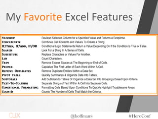 @hoffman8 #HeroConf
My Favorite Excel Features
 
