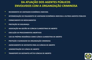 DA ATUAÇÃO DOS AGENTES PÚBLICOS
ENVOLVIDOS COM A ORGANIZAÇÃO CRIMINOSA
• RECEBIMENTO DE VANTAGEM ECONÔMICA INDEVIDA
• INTERMEDIAÇÃO DO PAGAMENTO DE VANTAGEM ECONÔMICA INDEVIDA A OUTROS AGENTES PÚBLICOS
• FORNECIMENTO DE MEDICAMENTOS
• PRESTAÇÃO DE SEGURANÇA
• ASSOCIAÇÃO NA GESTÃO DE CLÍNICAS CLANDESTINAS DE ABORTO
• EXECUÇÃO DE PROCEDIMENTOS ABORTIVOS
• USO DA PRÓPRIA RESIDÊNCIA COMO CLÍNICA CLANDESTINA DE ABORTO
• PROTEÇÃO E BLINDAGEM DA ORGANIZAÇÃO CRIMINOSA
• AGENCIAMENTO DE GESTANTES PARA AS CLÍNICAS DE ABORTO
• ADMINISTRAÇÃO DE CLÍNICA DE ABORTO
• TRANSPORTE DE GESTANTES ATÉ ÀS CLÍNICAS DE ABORTO
 