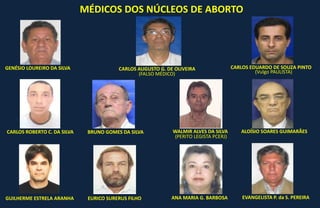 MÉDICOS DOS NÚCLEOS DE ABORTO
GENÉSIO LOUREIRO DA SILVA CARLOS EDUARDO DE SOUZA PINTO
BRUNO GOMES DA SILVACARLOS ROBERTO C. DA SILVA
CARLOS AUGUSTO G. DE OLIVEIRA
ALOÍSIO SOARES GUIMARÃES
GUILHERME ESTRELA ARANHA EURICO SURERUS FILHO EVANGELISTA P. da S. PEREIRAANA MARIA G. BARBOSA
WALMIR ALVES DA SILVA
(PERITO LEGISTA PCERJ)
(FALSO MÉDICO) (Vulgo PAULISTA)
 