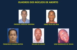 OLHEIROS DOS NÚCLEOS DE ABORTO
ENOQUE CARDOSO SANTANA
VANI RODRIGUES DE SOUZAWILSON DE SOUZA
FÁBIO FÉLIX DOS REIS
FRANCISCO CHAGAS BASTOS
 