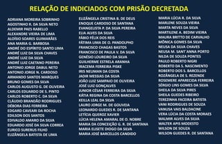 ADRIANA MOREIRA SOBRINHO
AGOSTINHO R. DA SILVA NETO
ALDEMIR PAES RABELLO
ALEXANDRE VIEIRA DE LIMA
ALOÍSIO SOARES GUIMARÃES
ANA MARIA G. BARBOSA
ANDRÉ DO ESPÍRITO SANTO LIMA
ANDRÉ LUIZ DA SILVA CHAVES
ANDRÉ LUIZ DA SILVA
ANDRÉ LUIZ CAETANO PEREIRA
ANTONIO JORGE DABUL NETO
ANTONIO JORGE N. CARDOSO
ARMANDO SANTOS MARQUES
BRUNO GOMES DA SILVA
CARLOS AUGUSTO G. DE OLIVEIRA
CARLOS EDUARDO DE S. PINTO
CARLOS ROBERTO C. DA SILVA
CLÁUDIO BRANDÃO RODRIGUES
DÉBORA DIAS FERREIRA
EDGARD CAVEARI DA ROCHA
EDILSON DOS SANTOS
EDIVALDO AMARO DA SILVA
EDUARDO JOSÉ DA SILVA CORREA
EURICO SURERUS FILHO
ELIZÂNGELA BATISTA DE LIMA
ELIZÂNGELA CRISTINA B. DE DEUS
ENOQUE CARDOSO DE SANTANA
EVANGELISTA P. DA SILVA PEREIRA
ELIA ALVES DA SILVA
FÁBIO FÉLIX DOS REIS
FÁTIMA LIMA DE O. PANDOLPHO
FRANCISCO CHAGAS BASTOS
FRANCISCO DE PAULA V. DA SILVA
GENÉSIO LOUREIRO DA SILVA
GUILHERME ESTRELA ARANHA
IRACEMA FERREIRA PISKE
IRIS NEUMAN DA COSTA
JADIR MESSIAS DA SILVA
JOÃO LUIZ SAMPAIO DE OLIVEIRA
JOSÉ LUIZ GONÇALVES
JUNIOR CÉSAR FERREIRA DA SILVA
KÁTIA REGINA DA COSTA BARCELLOS
KEILLA LEAL DA SILVA
LAURO JORGE M. DE GOUVEIA
LEONARDO GUEDES R. DE SANTANA
LETÍCIA QUEROZ XAVIER
LÚCIA HELENA AMARAL DE O. NOBRE
MARIA DA CONCEIÇÃO G. R. DE SANTANA
MARIA ELISETE DIOGO DA SILVA
MARIA JOSÉ BARCELLOS CANDIDO
MARIA LÚCIA R. DA SILVA
MARLENE SOUZA VIEIRA
MARTA NEVES DA SILVA
MARTILENE A. BEDIM VIEIRA
MAURA BRITTO DE CARVALHO
MÔNICA GOMES DA SILVA
NEUSA DA SILVA CHAVES
NEUSA M. SANT`ANNA PORTO
NILDA DE SOUZA PONTES
PAULO ROBERTO NIGRI
ROBERTO DA S. NASCIMENTO
ROBERTO DOS S. BARCELLOS
ROZÂNGELA DE S. REZENDE
ROSEMERE APARECIDA FERREIRA
SÉRGIO LINS GOMES DA SILVA
SHEILA DA SILVA PIRES
SHEILA GUEDES RIBEIRO
TEREZINHA FACEIRA BATISTA
VANI RODRIGUES DE SOUZA
VANUSA VAIS BALDACINE
VERA LÚCIA DA COSTA MORAES
WALMIR ALVES DA SILVA
WALTER APIS MODESTO
WILSON DE SOUZA
WILSON GUEDES R. DE SANTANA
RELAÇÃO DE INDICIADOS COM PRISÃO DECRETADA
 
