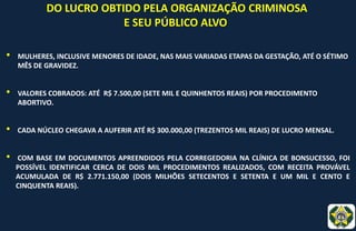 DO LUCRO OBTIDO PELA ORGANIZAÇÃO CRIMINOSA
E SEU PÚBLICO ALVO
• MULHERES, INCLUSIVE MENORES DE IDADE, NAS MAIS VARIADAS ETAPAS DA GESTAÇÃO, ATÉ O SÉTIMO
MÊS DE GRAVIDEZ.
• VALORES COBRADOS: ATÉ R$ 7.500,00 (SETE MIL E QUINHENTOS REAIS) POR PROCEDIMENTO
ABORTIVO.
• CADA NÚCLEO CHEGAVA A AUFERIR ATÉ R$ 300.000,00 (TREZENTOS MIL REAIS) DE LUCRO MENSAL.
• COM BASE EM DOCUMENTOS APREENDIDOS PELA CORREGEDORIA NA CLÍNICA DE BONSUCESSO, FOI
POSSÍVEL IDENTIFICAR CERCA DE DOIS MIL PROCEDIMENTOS REALIZADOS, COM RECEITA PROVÁVEL
ACUMULADA DE R$ 2.771.150,00 (DOIS MILHÕES SETECENTOS E SETENTA E UM MIL E CENTO E
CINQUENTA REAIS).
 