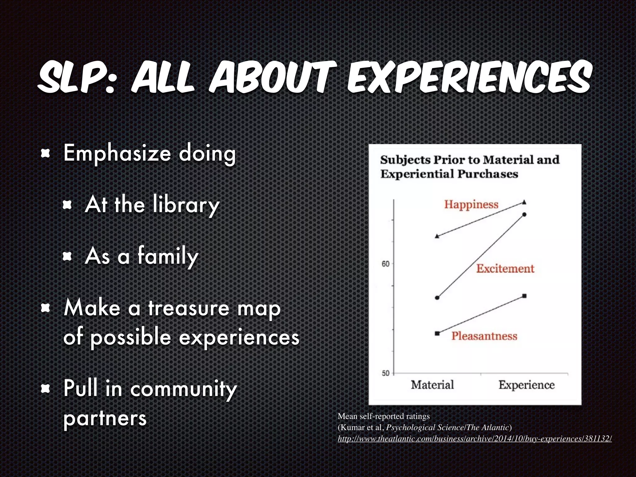SLP: All About Experiences 
Emphasize doing 
At the library 
As a family 
Make a treasure map 
of possible experiences 
Pull in community 
partners Mean self-reported ratings 
(Kumar et al, Psychological Science/The Atlantic) 
http://www.theatlantic.com/business/archive/2014/10/buy-experiences/381132/ 
 