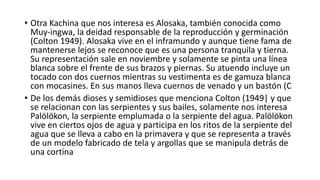 • Otra Kachina que nos interesa es Alosaka, también conocida como
Muy-ingwa, la deidad responsable de la reproducción y germinación
(Colton 1949). Alosaka vive en el inframundo y aunque tiene fama de
mantenerse lejos se reconoce que es una persona tranquila y tierna.
Su representación sale en noviembre y solamente se pinta una línea
blanca sobre el frente de sus brazos y piernas. Su atuendo incluye un
tocado con dos cuernos mientras su vestimenta es de gamuza blanca
con mocasines. En sus manos lleva cuernos de venado y un bastón (C
• De los demás dioses y semidioses que menciona Colton (1949| y que
se relacionan con las serpientes y sus bailes, solamente nos interesa
Palölökon, la serpiente emplumada o la serpiente del agua. Palölökon
vive en ciertos ojos de agua y participa en los ritos de la serpiente del
agua que se lleva a cabo en la primavera y que se representa a través
de un modelo fabricado de tela y argollas que se manipula detrás de
una cortina
 
