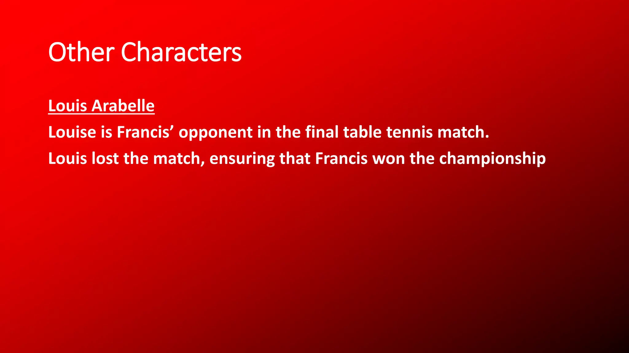Other Characters
Louis Arabelle
Louise is Francis’ opponent in the final table tennis match.
Louis lost the match, ensuring that Francis won the championship
 