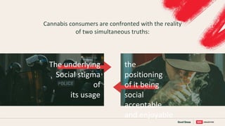 Cannabis consumers are confronted with the reality
of two simultaneous truths:
The underlying
Social stigma
of
its usage
the
positioning
of it being
social
acceptable
and enjoyable
 