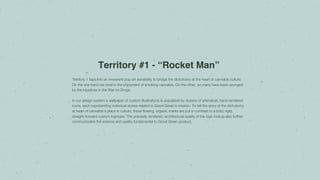 Territory #1 - “Rocket Man”
Territory 1 taps into an irreverent pop-art sensibility to bridge the dichotomy at the heart of cannabis culture.
On the one hand we revel in the enjoyment of smoking cannabis. On the other, so many have been wronged
by the injustices in the War on Drugs.
In our design system a wallpaper of custom illustrations is populated by dozens of whimsical, hand-rendered
icons, each representing individual stories related to Good Green's mission. To tell the story of the dichotomy
at heart of cannabis’s place in culture, these flowing, organic marks are put in contrast to a bold, rigid,
straight-forward custom logotype. The precisely rendered, architectural quality of the logo lockup also further
communicates the science and quality fundamental to Good Green product.
 