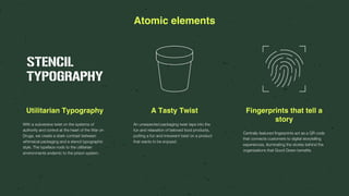 Atomic elements
Utilitarian Typography
With a subversive twist on the systems of
authority and control at the heart of the War on
Drugs, we create a stark contrast between
whimsical packaging and a stencil typographic
style. The typeface nods to the utilitarian
environments endemic to the prison system.
A Tasty Twist
An unexpected packaging twist taps into the
fun and relaxation of beloved food products,
putting a fun and irreverent twist on a product
that wants to be enjoyed.
Fingerprints that tell a
story
Centrally featured fingerprints act as a QR code
that connects customers to digital storytelling
experiences, illuminating the stories behind the
organizations that Good Green benefits.
 