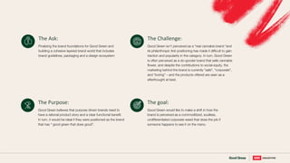 The Ask:
Finalizing the brand foundations for Good Green and
building a cohesive layered brand world that includes
brand guidelines, packaging and a design ecosystem
The Challenge:
Good Green isn’t perceived as a “real cannabis brand ”and
its philanthropic first positioning has made it difficult to gain
traction and popularity in the category. In turn, Good Green
is often perceived as a do-gooder brand that sells cannabis
flower, and despite the contributions to social equity, the
marketing behind the brand is currently “safe”, “corporate”,
and “boring” – and the products offered are seen as a
afterthought at best.
The goal:
Good Green would like to make a shift in how the
brand is perceived as a commoditized, soulless,
undifferentiated corporate weed that does the job if
someone happens to see it on the menu.
The Purpose:
Good Green believes that purpose driven brands need to
have a rational product story and a clear functional benefit.
In turn, it would be ideal if they were positioned as the brand
that has “ good green that does good”.
 