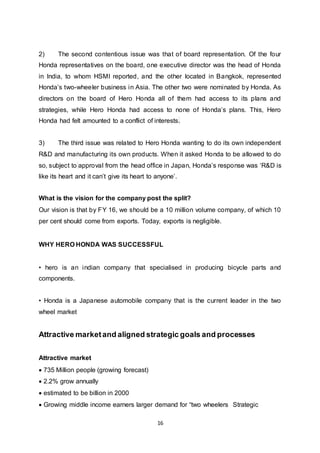 16
2) The second contentious issue was that of board representation. Of the four
Honda representatives on the board, one executive director was the head of Honda
in India, to whom HSMI reported, and the other located in Bangkok, represented
Honda’s two-wheeler business in Asia. The other two were nominated by Honda. As
directors on the board of Hero Honda all of them had access to its plans and
strategies, while Hero Honda had access to none of Honda’s plans. This, Hero
Honda had felt amounted to a conflict of interests.
3) The third issue was related to Hero Honda wanting to do its own independent
R&D and manufacturing its own products. When it asked Honda to be allowed to do
so, subject to approval from the head office in Japan, Honda’s response was ‘R&D is
like its heart and it can’t give its heart to anyone’.
What is the vision for the company post the split?
Our vision is that by FY 16, we should be a 10 million volume company, of which 10
per cent should come from exports. Today, exports is negligible.
WHY HERO HONDA WAS SUCCESSFUL
• hero is an indian company that specialised in producing bicycle parts and
components.
• Honda is a Japanese automobile company that is the current leader in the two
wheel market
Attractive marketand aligned strategic goals and processes
Attractive market
 735 Million people (growing forecast)
 2.2% grow annually
 estimated to be billion in 2000
 Growing middle income earners larger demand for “two wheelers Strategic
 