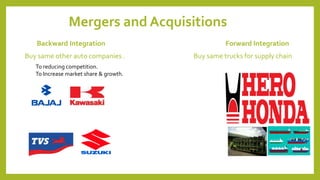 Mergers and Acquisitions
Backward Integration Forward Integration
Buy same other auto companies . Buy same trucks for supply chain
To reducing competition.
To Increase market share & growth.
 