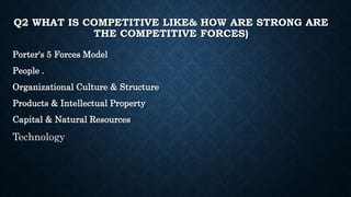 Q2 WHAT IS COMPETITIVE LIKE& HOW ARE STRONG ARE
THE COMPETITIVE FORCES)
Porter's 5 Forces Model
People .
Organizational Culture & Structure
Products & Intellectual Property
Capital & Natural Resources
Technology
 