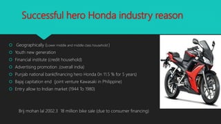 Successful hero Honda industry reason
 Geographically (Lower middle and middle class household )
 Youth new generation
 Financial institute (credit household)
 Advertising promotion .(overall india)
 Punjab national bank(financing hero Honda 0n 11.5 % for 5 years)
 Bajaj capitation end (joint venture Kawasaki in Philippine)
 Entry allow to Indian market (1944 To 1980)
Brij mohan lal 2002.3 18 million bike sale (due to consumer financing)
 