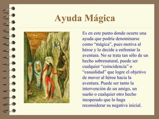 Ayuda Mágica Es en este punto donde ocurre una ayuda que podría denominarse como “mágica”, pues motiva al héroe y lo decide a enfrentar la aventura. No se trata tan sólo de un hecho sobrenatural, puede ser cualquier “coincidencia” o “casualidad” que logre el objetivo de mover al héroe hacia la aventura. Puede ser tanto la intervención de un amigo, un sueño o cualquier otro hecho inesperado que lo haga reconsiderar su negativa inicial. 