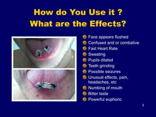 How do You Use it ? 
What are the Effects?
5
Face appears flushed
Confused and or combative
Fast Heart Rate
Sweating
Pupils dilated
Teeth grinding
Possible seizures
Unusual effects, pain,
headaches, etc
Numbing of mouth
Bitter taste
Powerful euphoric
 