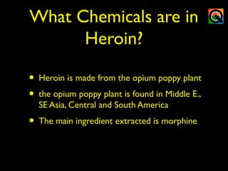 What Chemicals are in
Heroin?
• Heroin is made from the opium poppy plant
• the opium poppy plant is found in Middle E.,
SE Asia, Central and South America
• The main ingredient extracted is morphine
 