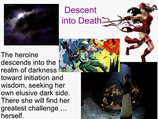 Descent
into Death
The heroine
descends into the
realm of darkness
toward initiation and
wisdom, seeking her
own elusive dark side.
There she will find her
greatest challenge …
herself.
 