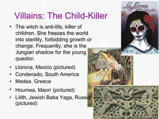 Villains: The Child-Killer
• The witch is anti-life, killer of
children. She freezes the world
into sterility, forbidding growth or
change. Frequently, she is the
Jungian shadow for the young
questor.
• Llorona, Mexico (pictured)
• Condenado, South America
• Medea, Greece
• Houmea, Maori (pictured)
• Lilith, Jewish Baba Yaga, Russia
(pictured)
 
