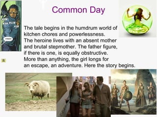 Common Day
The tale begins in the humdrum world of
kitchen chores and powerlessness.
The heroine lives with an absent mother
and brutal stepmother. The father figure,
if there is one, is equally obstructive.
More than anything, the girl longs for
an escape, an adventure. Here the story begins.
 