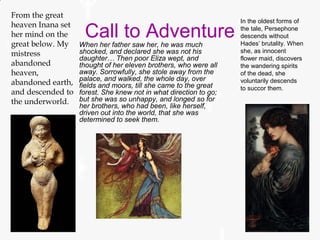 Call to AdventureWhen her father saw her, he was much
shocked, and declared she was not his
daughter… Then poor Eliza wept, and
thought of her eleven brothers, who were all
away. Sorrowfully, she stole away from the
palace, and walked, the whole day, over
fields and moors, till she came to the great
forest. She knew not in what direction to go;
but she was so unhappy, and longed so for
her brothers, who had been, like herself,
driven out into the world, that she was
determined to seek them.
From the great
heaven Inana set
her mind on the
great below. My
mistress
abandoned
heaven,
abandoned earth,
and descended to
the underworld.
In the oldest forms of
the tale, Persephone
descends without
Hades’ brutality. When
she, as innocent
flower maid, discovers
the wandering spirits
of the dead, she
voluntarily descends
to succor them.
 