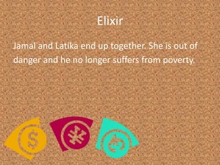 ElixirJamal and Latika end up together. She is out ofdanger and he no longer suffers from poverty.