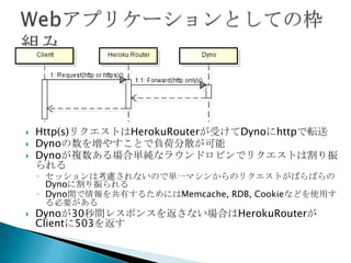  Http(s)リクエストはHerokuRouterが受けてDynoにhttpで転送
 Dynoの数を増やすことで負荷分散が可能
 Dynoが複数ある場合単純なラウンドロビンでリクエストは割り振られる
◦ セッションは考慮されないので単一マシンからのリクエストがばらばらのDynoに
割り振られる
◦ Dyno間で情報を共有するためにはMemcache, RDB, Cookieなどを使用する
必要がある
 Dynoが30秒間レスポンスを返さない場合はHerokuRouterがClient
に503を返す
 