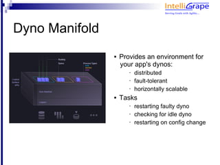 Dyno Manifold
                   Provides an environment for
                    your app's dynos:
                       •   distributed
                       •   fault-tolerant
                       •   horizontally scalable
                   Tasks
                       •   restarting faulty dyno
                       •   checking for idle dyno
                       •   restarting on config change
 