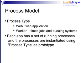 Process Model

    Process Type
       
           Web : web application
       
           Worker : timed jobs and queuing systems

    Each app has a set of running processes
    and the processes are instantiated using
    'Process Type' as prototype.
 