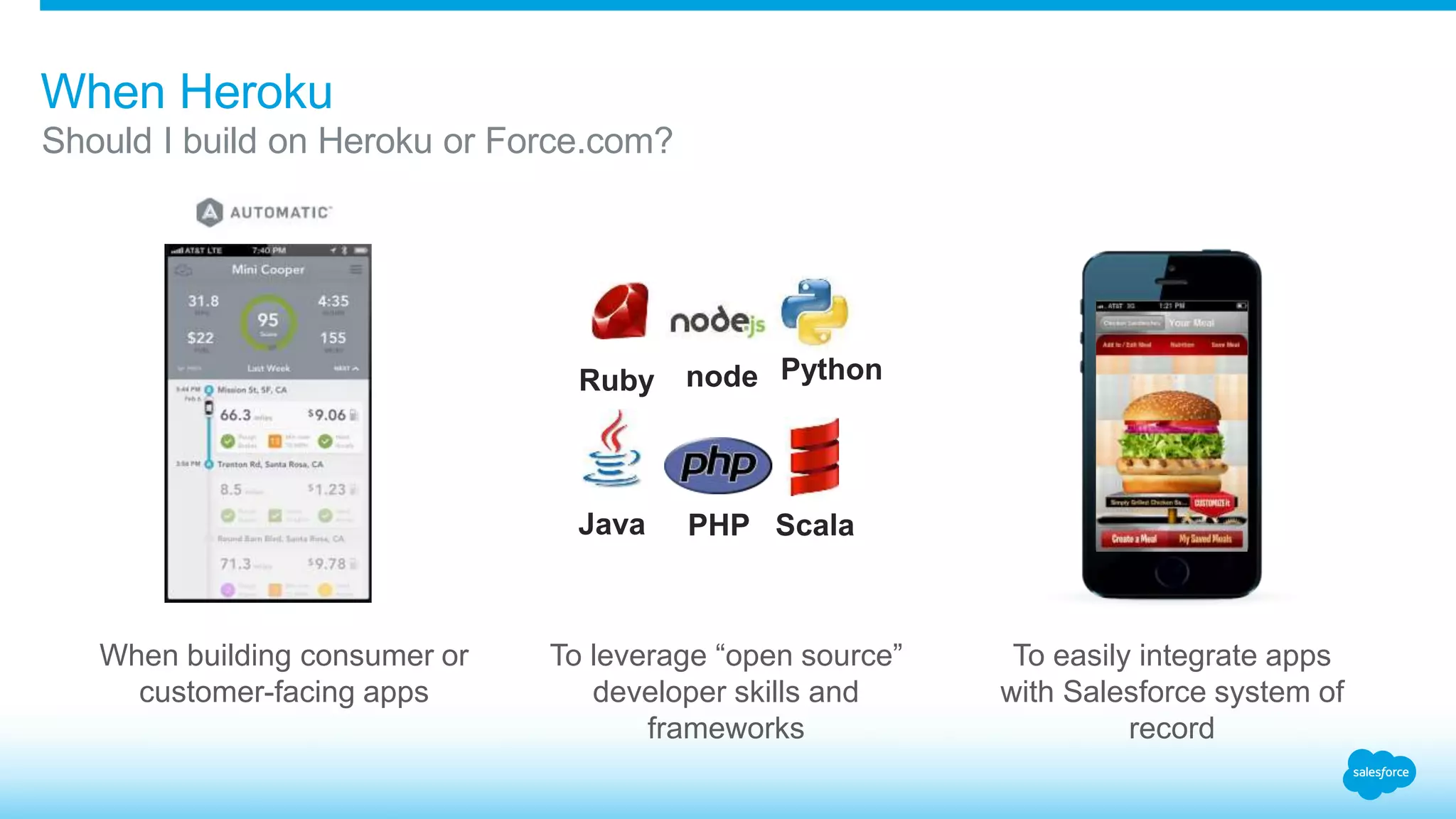 When Heroku 
Should I build on Heroku or Force.com? 
When building consumer or 
customer-facing apps 
Ruby 
To leverage “open source” 
developer skills and 
frameworks 
Java 
node 
PHP 
Python 
Scala 
To easily integrate apps 
with Salesforce system of 
record 
 