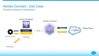 Heroku Connect : Use Case 
Compute-intensive operations 
Accounts Sales Cloud 
Heroku Connect 
Heroku Postgres 
Accounts synch 
Billing DB 
Invoice IDs 
Generate Invoices 
Invoices 
Mail Invoices 
 