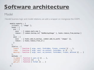Software architecture
Model
Handel business logic and model relations, we add a wrapper on mongoose the ODM.

     module.exports = {
        virtuals : [ 'image' ],
        hooks : {
           pre : {
              save   : [ common.mark_new ],
              remove : [ common.backup_to( 'BakMockupImage' ), hooks.remove_from_mockup ]
           },
           post : {
              save   : [ hooks.add_to_mockup, common.add_to_auth( 'images' )],
              remove : [ hooks.remove_from_s3 ]
           }
        },
        statics : {
           insert : function ( args, next, forbidden, frozen, created ){ ... },
           index    : function ( args, next, no_content, forbidden, ok ){ .. },
           destroy : function ( args, next, no_content, forbidden, frozen, deleted ){ ... }
        },
        methods : {
           is_owner : function ( user_id ){ ... },
           created : function (){ ... },
           gen_url : function ( format ){ ... }
        }
     };
 