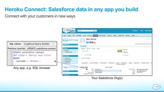 Heroku Connect: Salesforce data in any app you build
Connect with your customers in new ways
Any app, e.g. SQL browser
Your Salesforce Org(s)
 