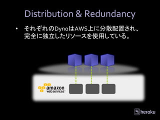 Distribution & Redundancy
•   それぞれのDynoはAWS上に分散配置され、
    完全に独立したリソースを使用している。
 