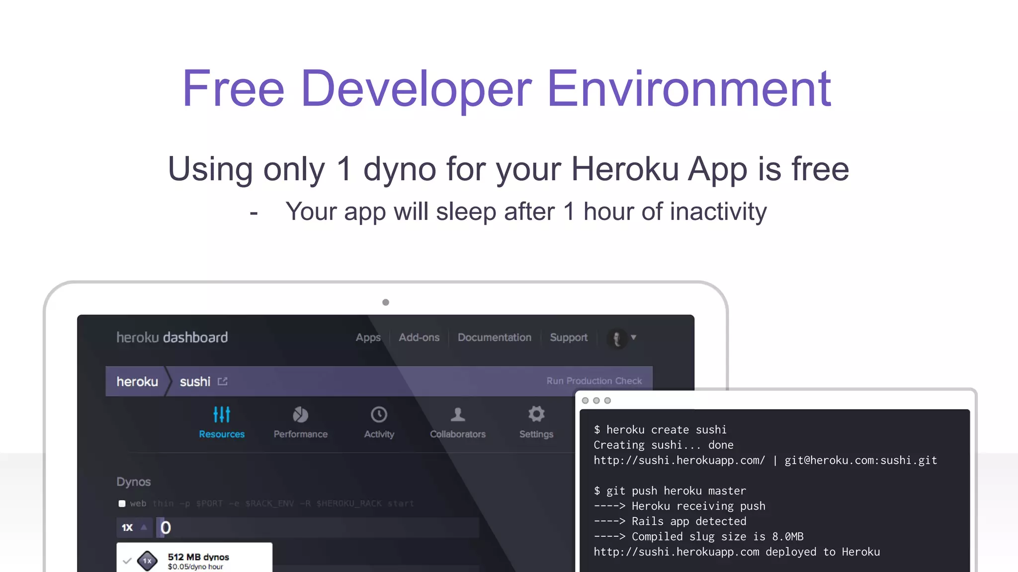 Free Developer Environment
Using only 1 dyno for your Heroku App is free
- Your app will sleep after 1 hour of inactivity
 