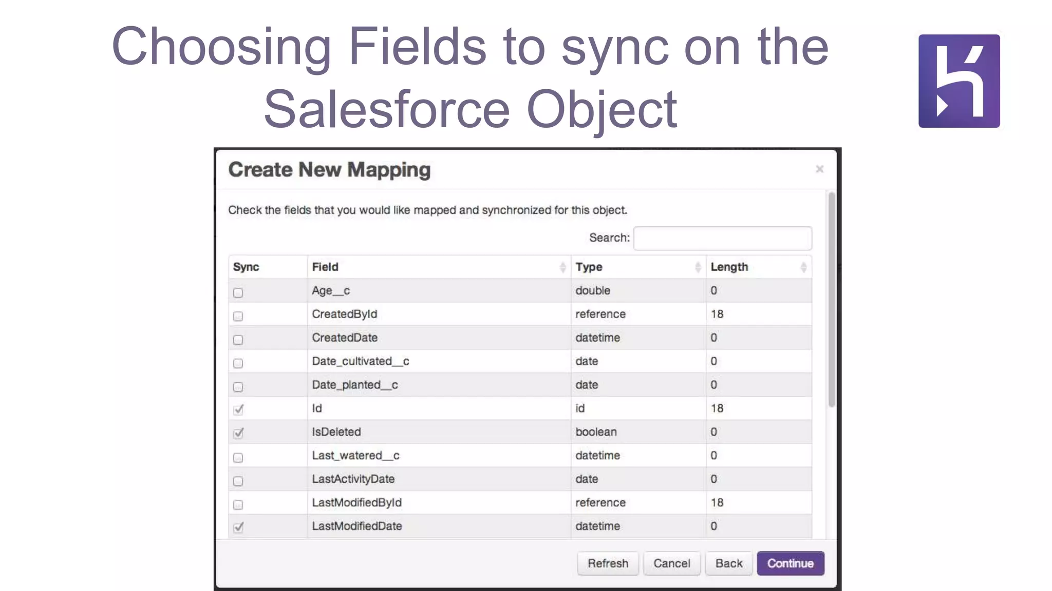 Choosing Fields to sync on the
Salesforce Object
 