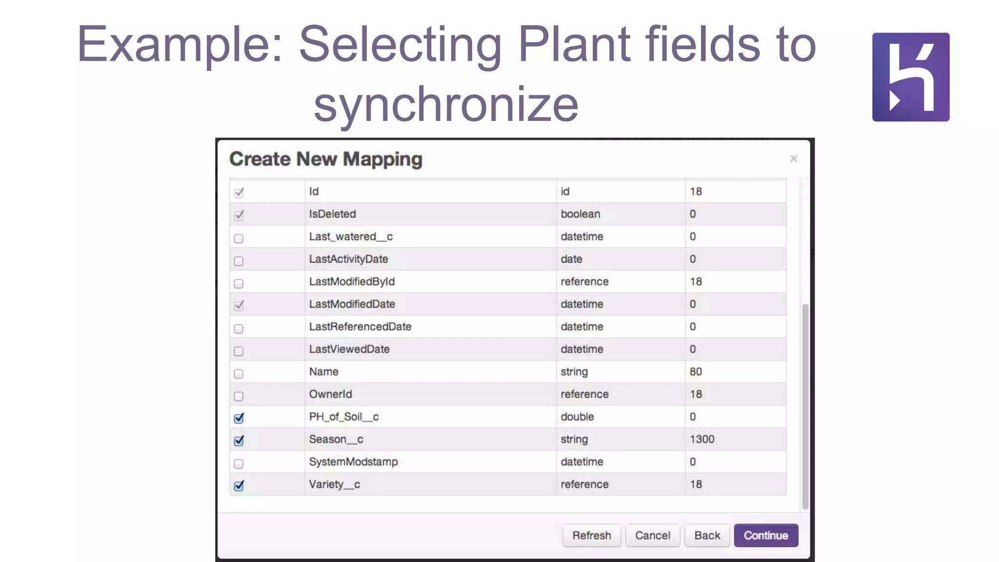 Example: Selecting Plant fields to
synchronize
 
