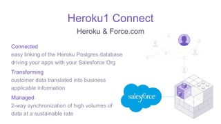 Connected
easy linking of the Heroku Postgres database
driving your apps with your Salesforce Org
Transforming
customer data translated into business
applicable information
Managed
2-way synchronization of high volumes of
data at a sustainable rate
Heroku1 Connect
Heroku & Force.com
 