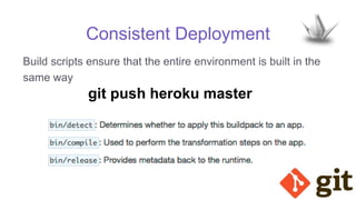 Consistent Deployment
Build scripts ensure that the entire environment is built in the
same way
git push heroku master
 