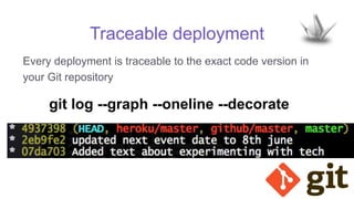 Traceable deployment
Every deployment is traceable to the exact code version in
your Git repository
git log --graph --oneline --decorate
 