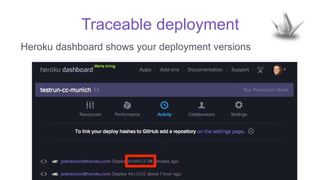 Traceable deployment
Heroku dashboard shows your deployment versions
 
