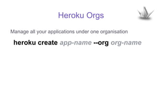 Heroku Orgs
Manage all your applications under one organisation
heroku create app-name --org org-name
 