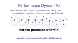 Performance Dynos - Px
Have a whole block of resources to scale your Heroku app
- routing latency advantages when you scale past 10 dynos
heroku ps:resize web=PX
https://blog.heroku.com/archives/2014/2/3/heroku-xl
 