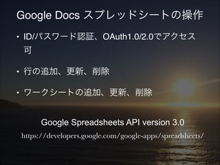 Google Docs スプレッドシートの操作
• ID/パスワード認証、OAuth1.0/2.0でアクセス
可!
• 行の追加、更新、削除!
• ワークシートの追加、更新、削除
Google Spreadsheets API version 3.0
https://developers.google.com/google-apps/spreadsheets/

 
